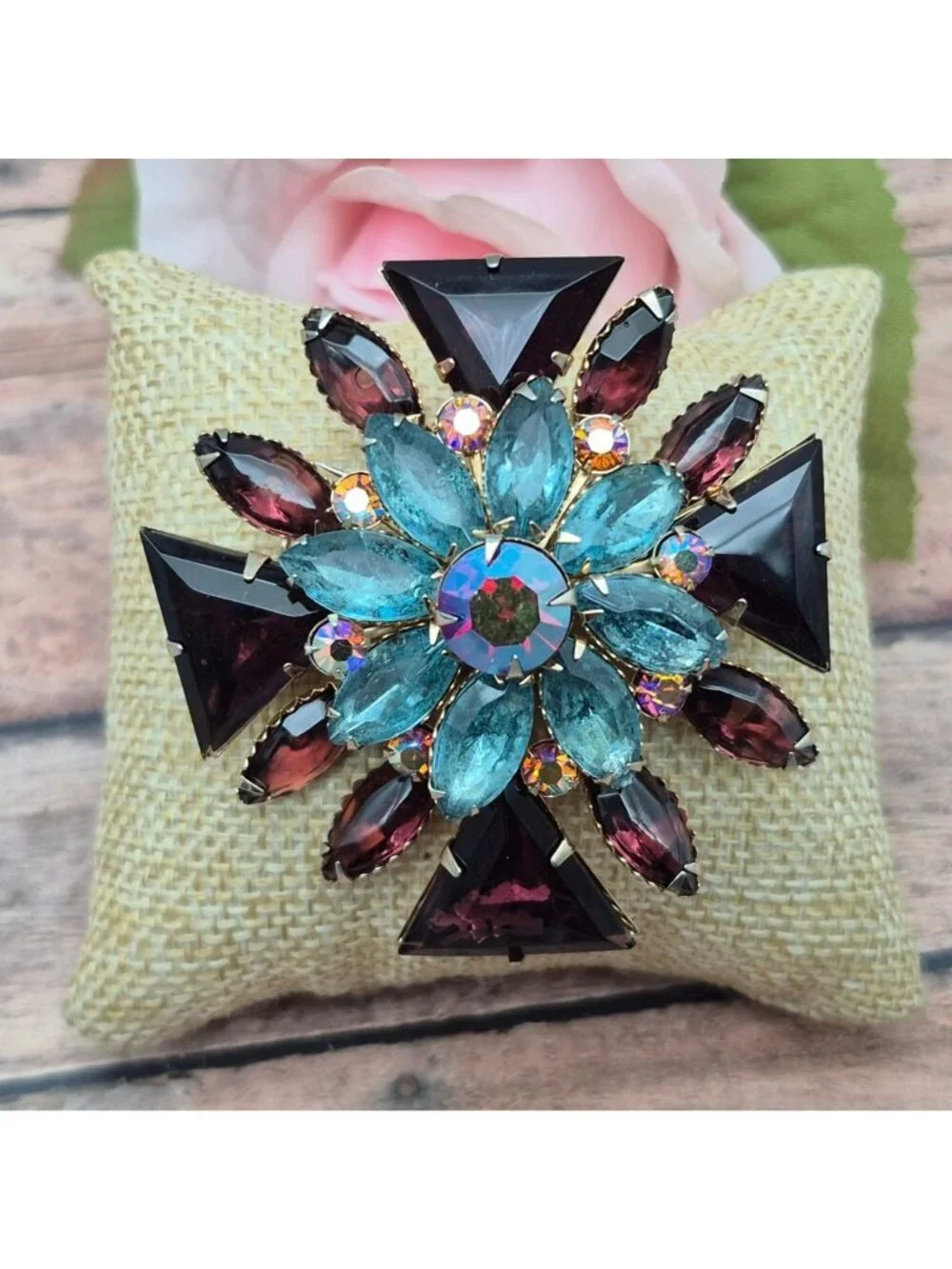 VTG Maltese Cross Rhinestone Brooch Blue Purple AB Rinestone Statement 2.25”